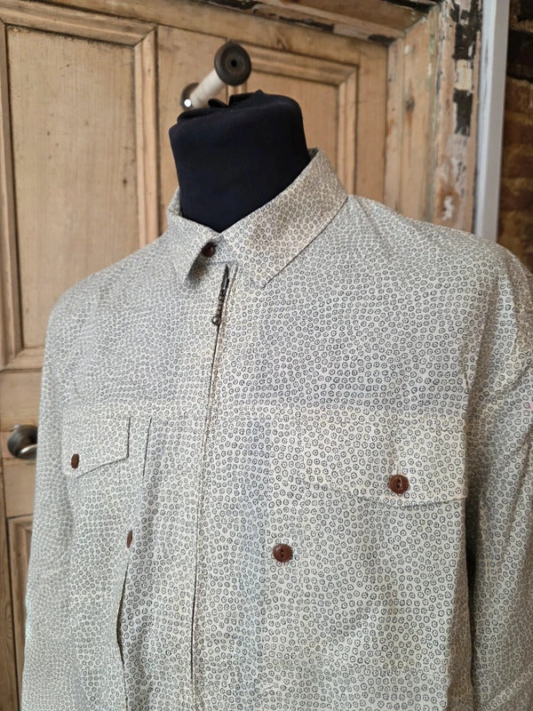 Pretty Green Slim Fit Shirt – Cream Micro Floral Zip Detail Button Up – Size XL