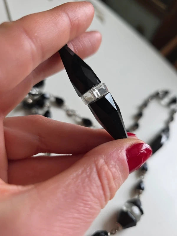 Art Deco Cut Glass Necklace – Black & Clear Long Flapper Style