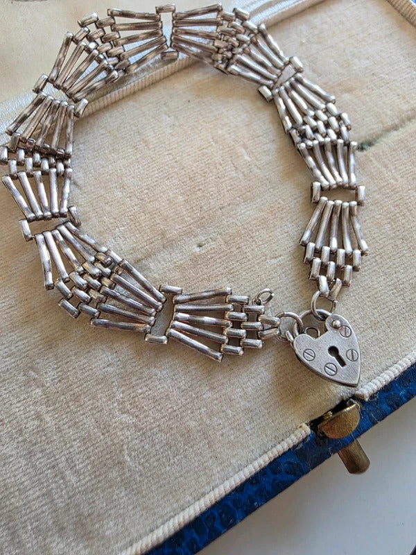 Vintage Sterling Silver Gate Charm Bracelet with Heart Padlock Clasp