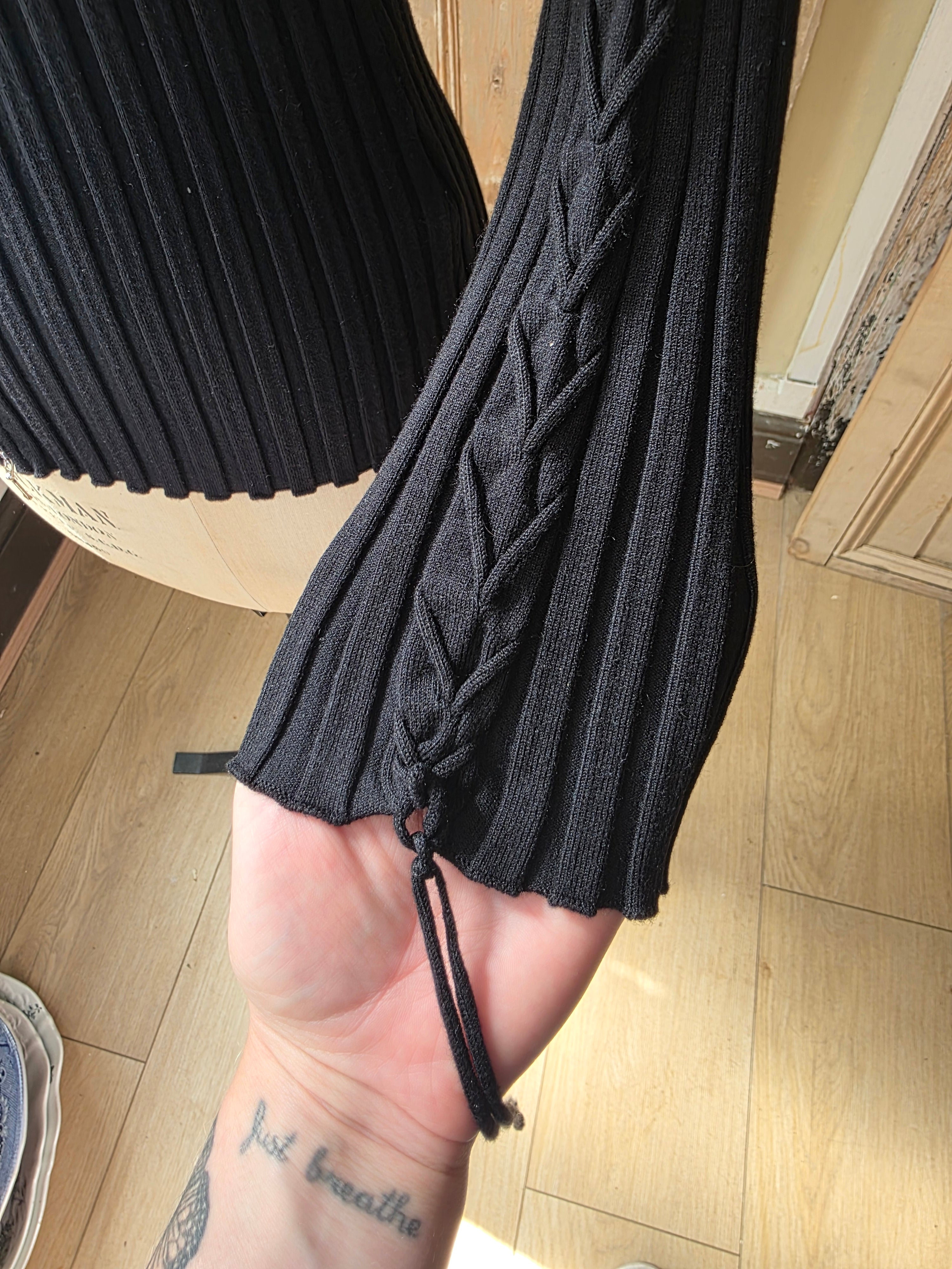 Vintage Belldini Black Ribbed Zip-Up Knit Cardigan Sweater Cable-Detail Sleeve