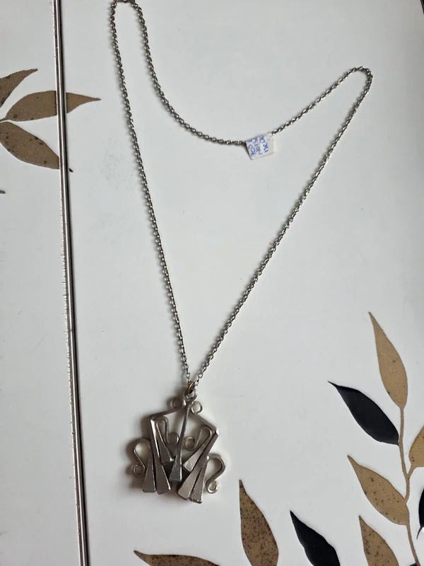 Vintage 1970s  Brutalist Silver Tone Pendant Necklace