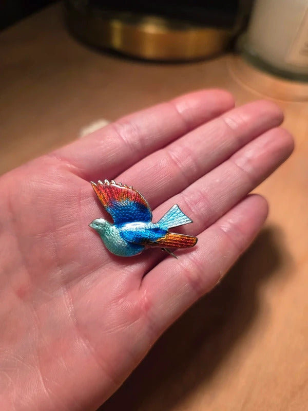 Vintage 1950s Sterling Silver Enamel Bird Brooch – Mid-Century