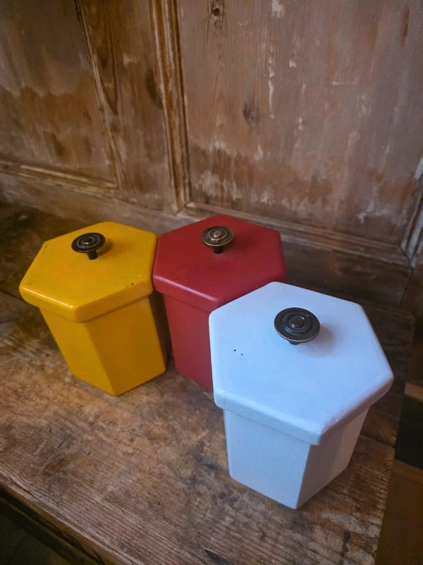 Vintage Mid Century 1950s 1960s Handmade Wooden Kitchen Canisters – Colourful Storage Jars Set