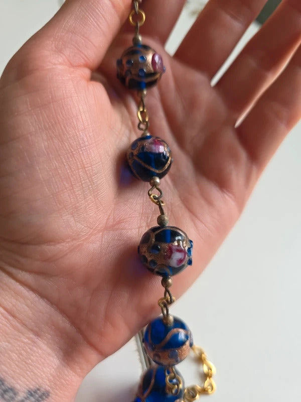 Vintage Lampwork Glass Necklace – Wedding Cake Beads Blue & Gold