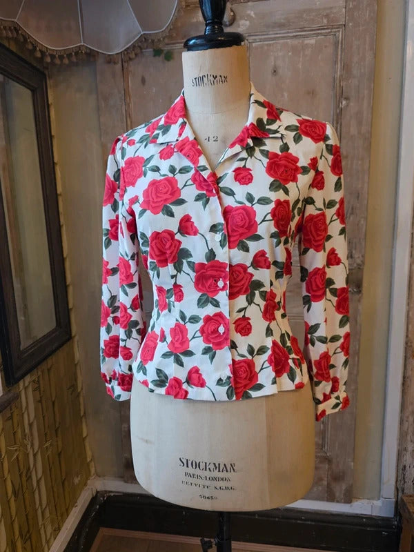 Vintage 1980s/90s Joliet Red Rose Print Blouse approx UK 12