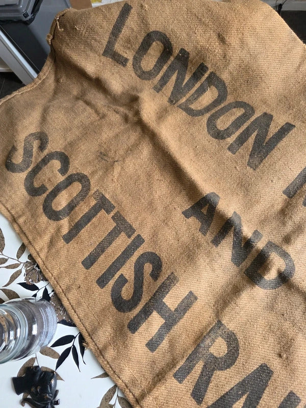 Vintage 1920s 1930s Large London & Scottish Railway Hessian Sack wall hanging