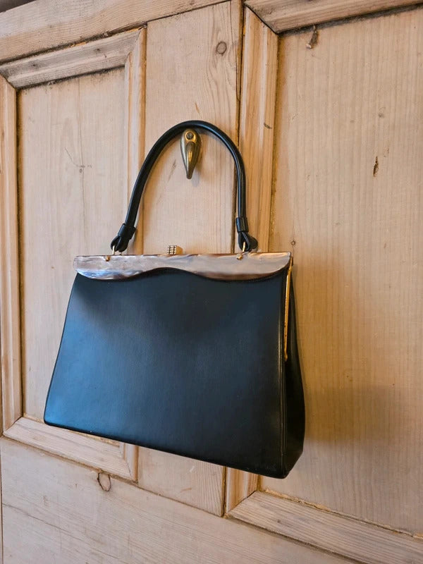 Vintage 1950s Black Handbag with Lucite Detail & Gold-Tone Clasp Classic Mid-Century Style