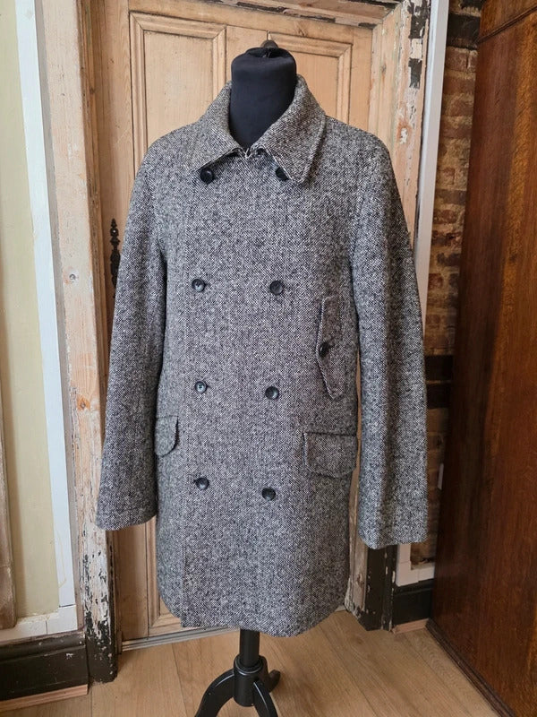 Tommy Hilfiger Wool Blend Coat – Grey Herringbone Double Breasted Jacket – Size L