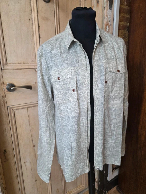 Pretty Green Slim Fit Shirt – Cream Micro Floral Zip Detail Button Up – Size XL