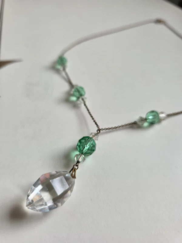 Vintage Art Deco Faceted Glass Drop Necklace – Green & Clear