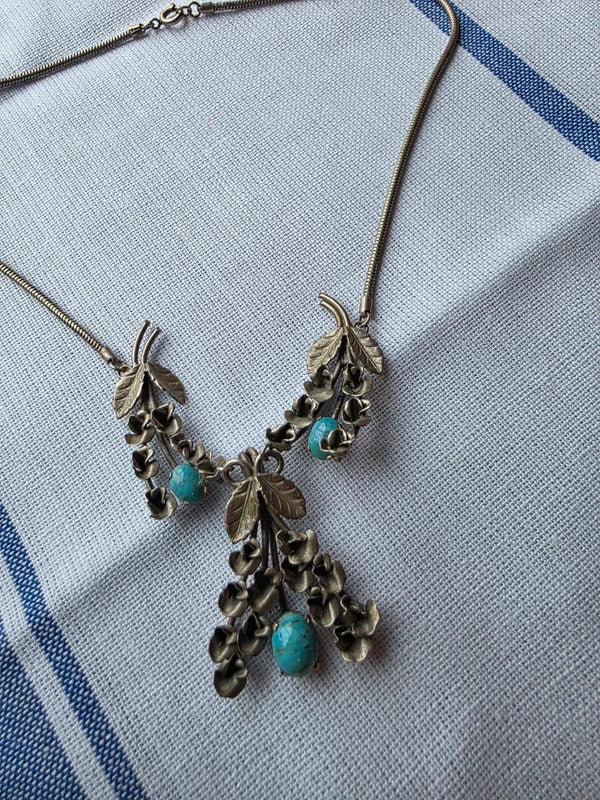 Vintage Mid Century Silver Tone Floral Necklace with Turquoise Blue Drops