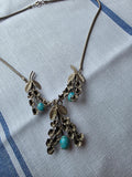 Vintage Mid Century Silver Tone Floral Necklace with Turquoise Blue Drops