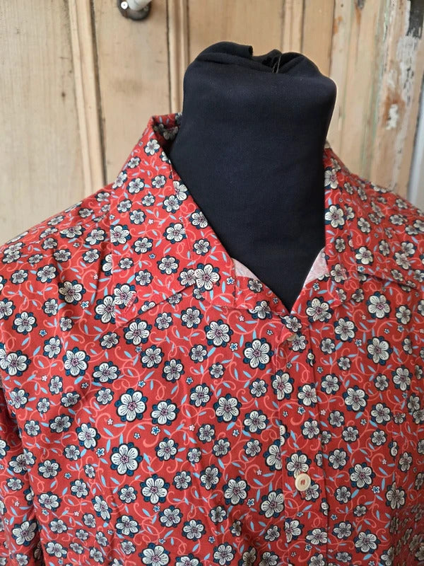 Pretty Green Liberty Print Shirt – Red Floral Cotton Slim Fit Button Up – Size XL