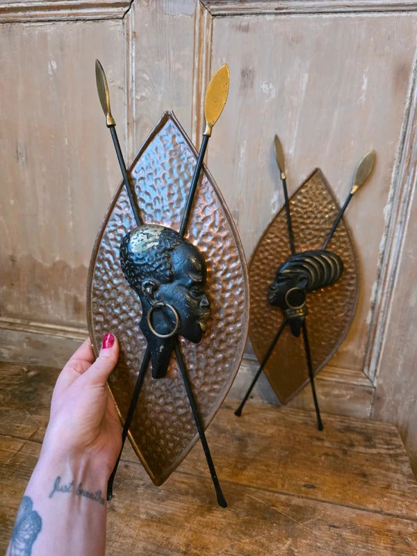 RARE Vintage Pair Richard Rohac Wall Sculptures Bronze Brass Shield Spears Art Deco / Mid Century