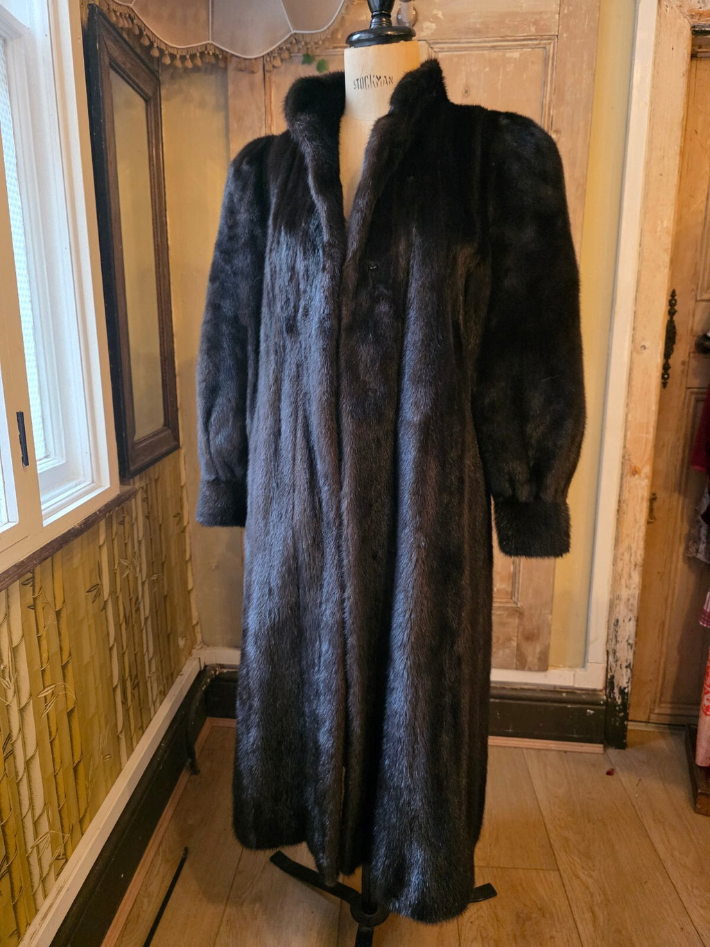 Vintage 1980s Black Ranch Mink Fur Coat Full Length Real Fur Luxury