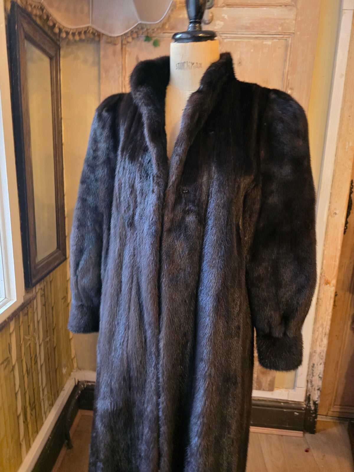 Vintage 1980s Black Ranch Mink Fur Coat Full Length Real Fur Luxury