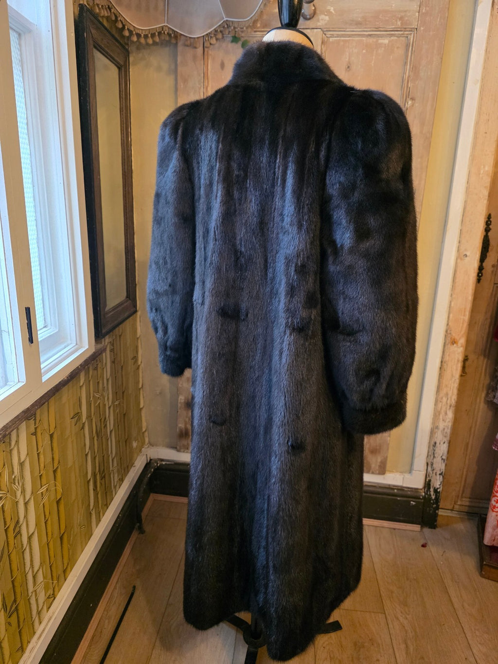 Vintage 1980s Black Ranch Mink Fur Coat Full Length Real Fur Luxury