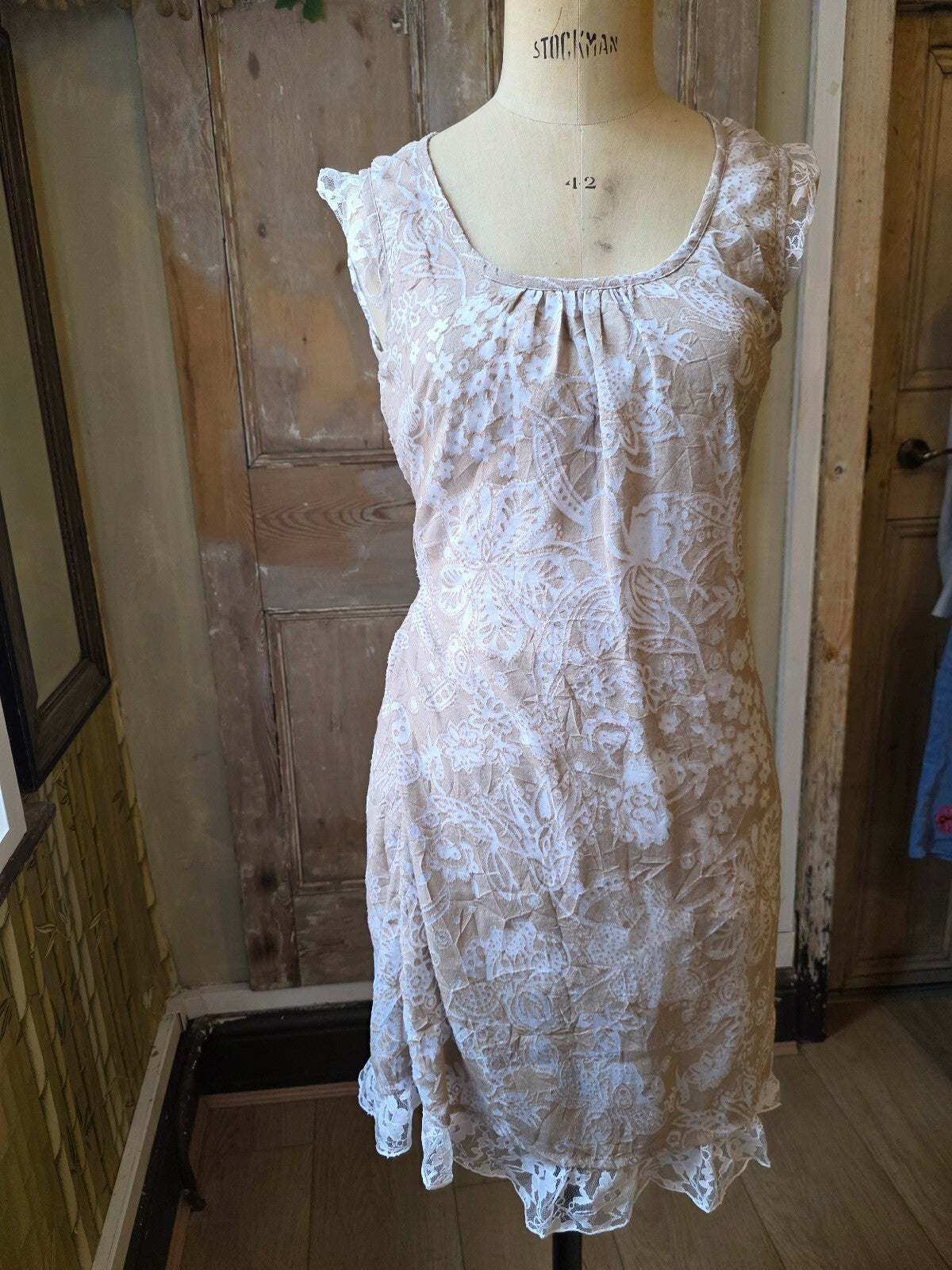 Vintage Y2K Antonio Riveria Lace Overlay Dress | Fairycore Cottagecore | Cream & Nude | UK 10