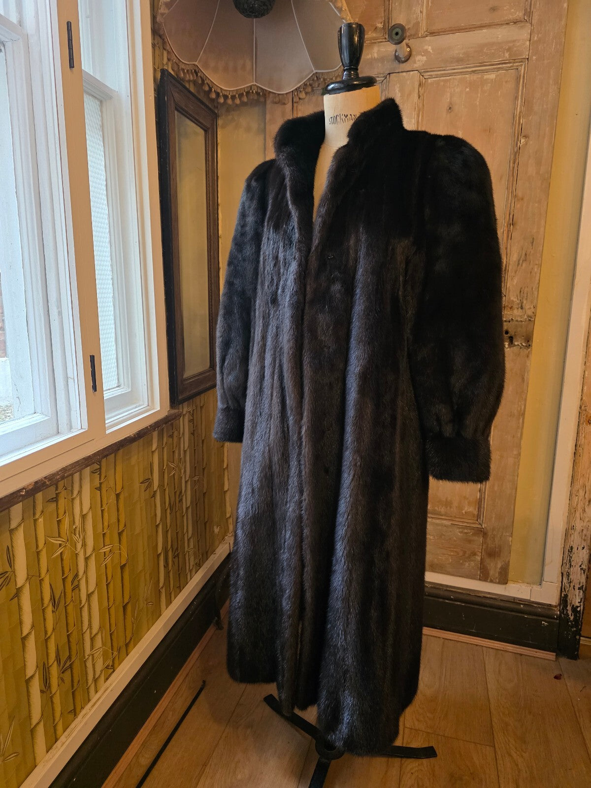 Vintage 1980s Black Ranch Mink Fur Coat Full Length Real Fur Luxury