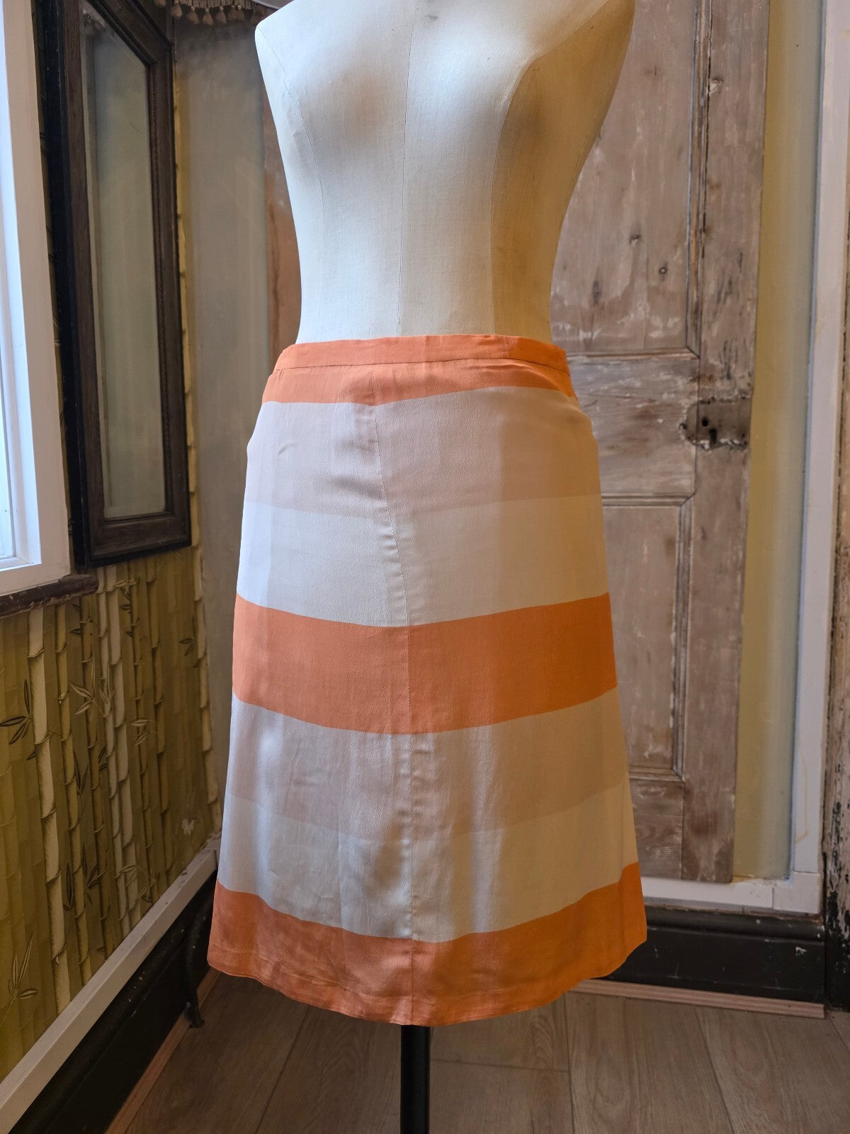 Vintage Handmade Orange Silk Skirt | Colour Block Stripe | Kick pleats | W34" pietra