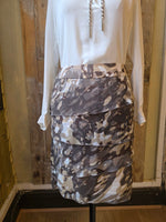 Load image into Gallery viewer, Vintage Y2K Betty Barclay Tiered Camo Skirt pietra| Chiffon Overlay | Grey Print | W30"
