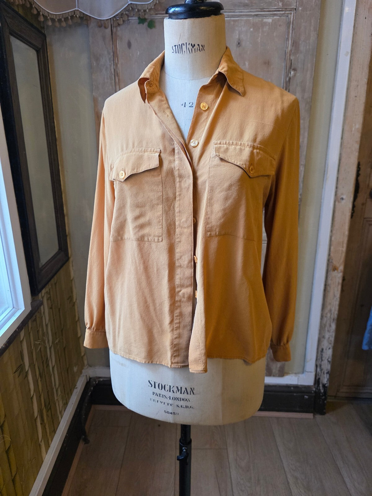 Vintage 1980s Classic Essentials Silk Blouse | Caramel Utility Shirt | UK 12