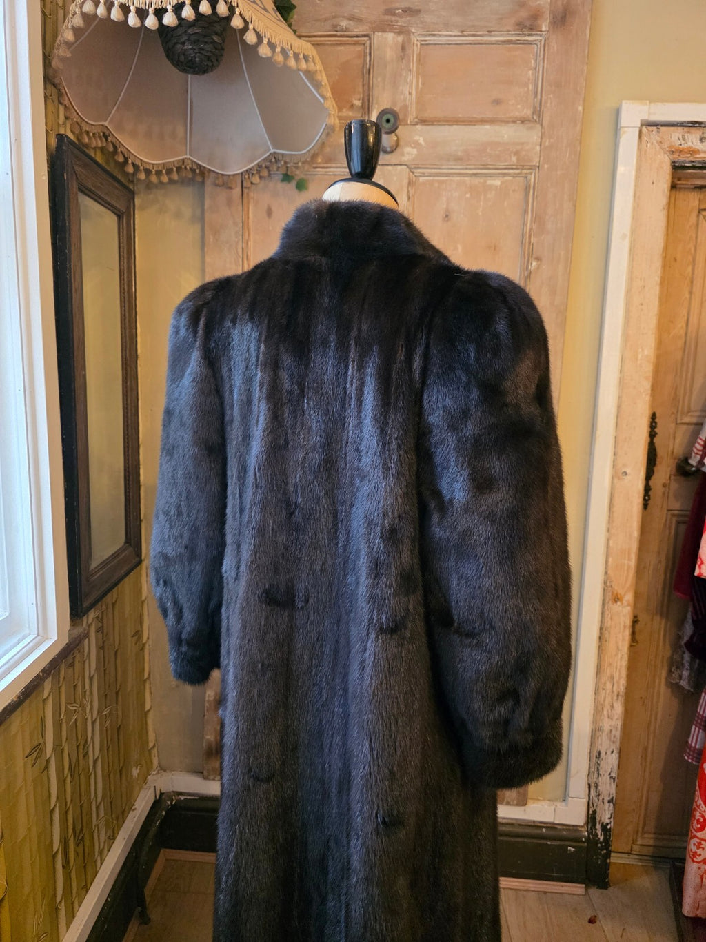 Vintage 1980s Black Ranch Mink Fur Coat Full Length Real Fur Luxury