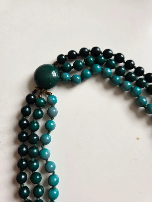 Vintage 1950s–1960s Vintage 3 Strand Green Glass Bead Necklace