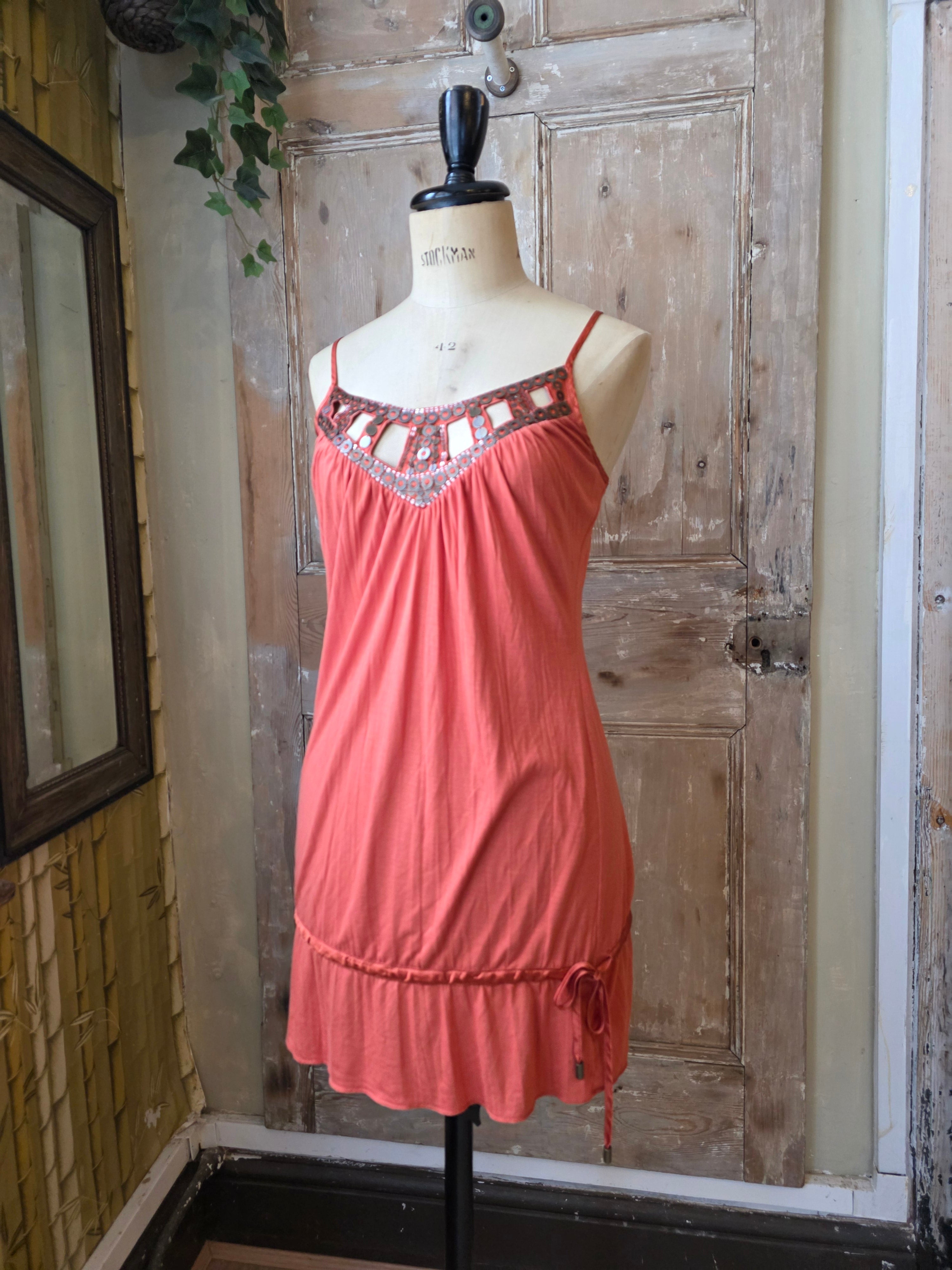 Vintage Y2K 2000s Coral Cami Dress with Bead Cut-Out Detail by Next - UK 12