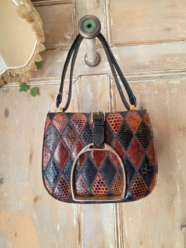 Vintage 1960s Genuine leather Patchwork Bag Stirrup Buckle