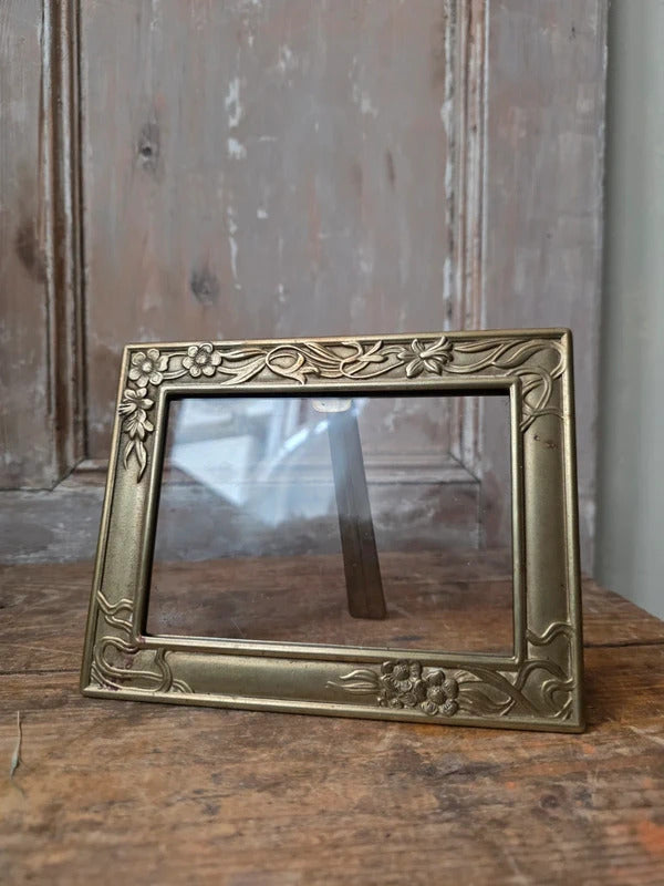 Vintage Art Nouveau Brass Photograph Frame – Floral Relief Easel Back Picture Frame