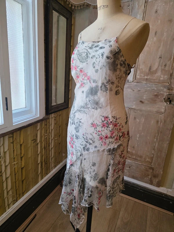 Vintage Y2K fairycore Little Buddha Silk Floral Dress | Handkerchief Hem | Cottagecore Slip | UK 12