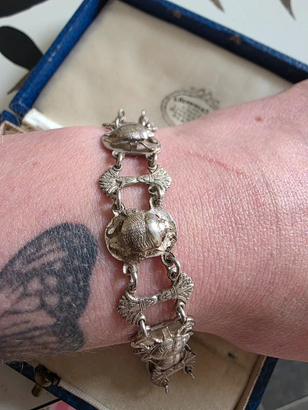 Vintage Egyptian Revival Solid Silver Scarab Bracelet