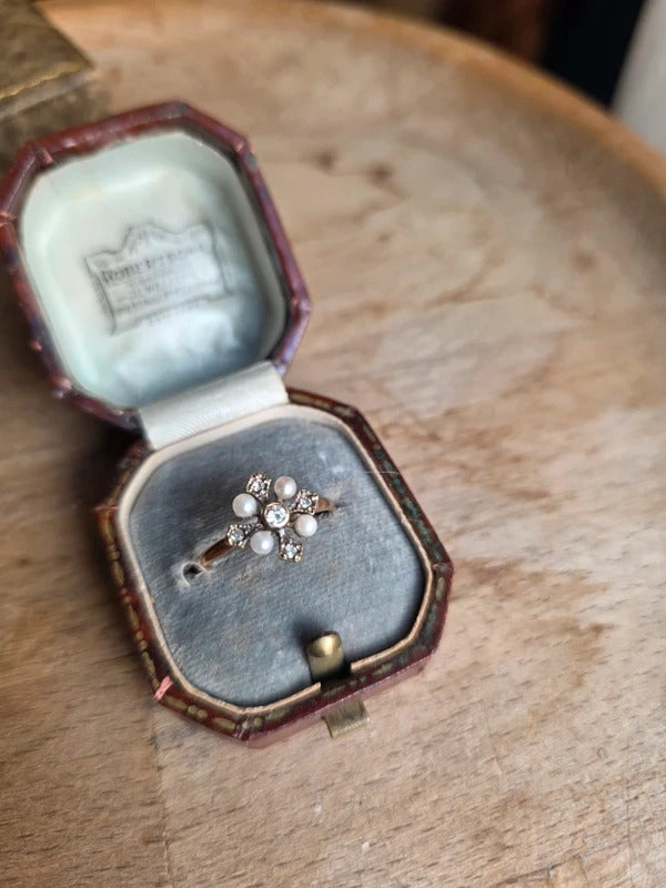 Antique Edwardian 9ct Gold Diamond Pearl Cross Ring Circa 1901-1914 Size Q