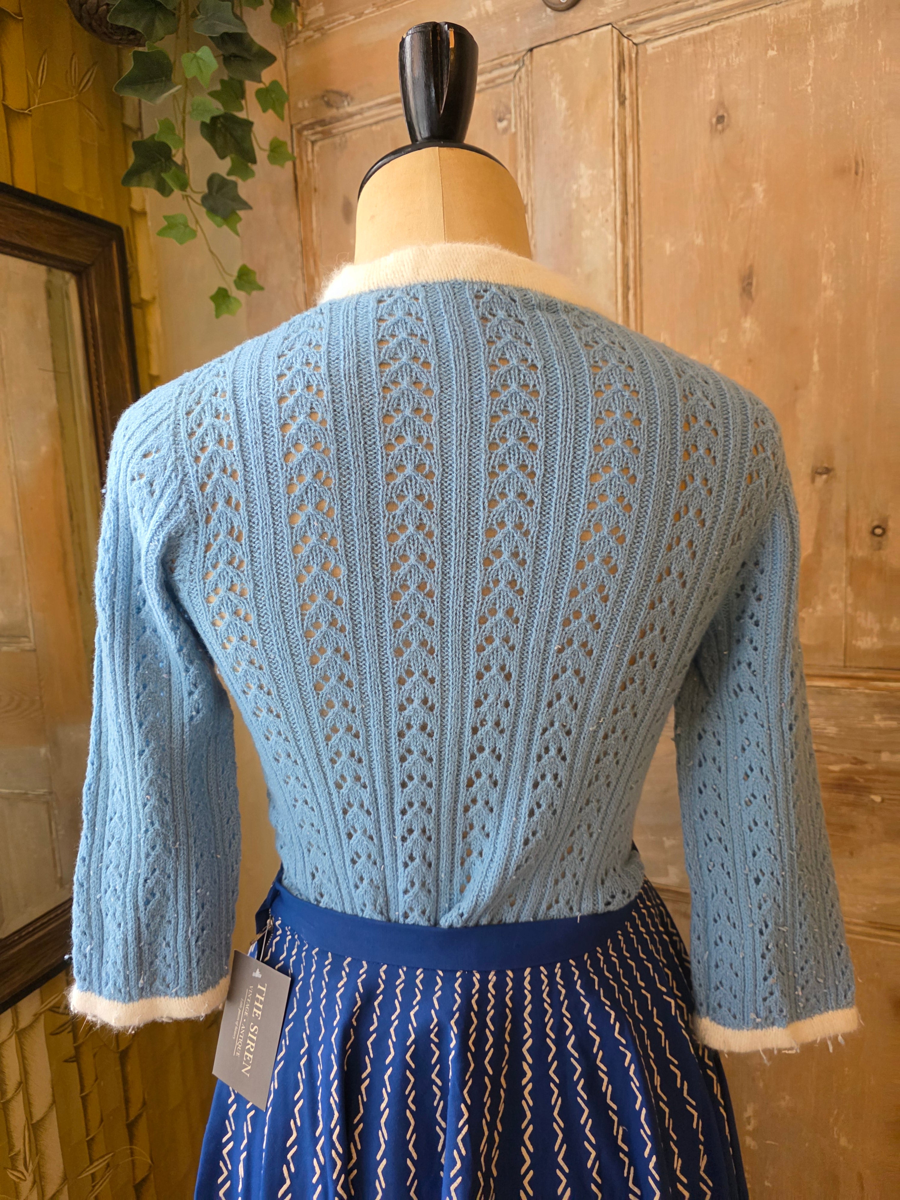 Vintage 1950s Hand-Knitted Powder Blue Cardigan with White Trim – UK 10/12