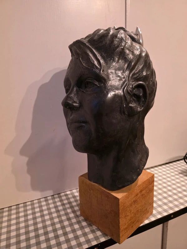 Vintage 1960s 1970s Large Life-Size Head Sculpture on Wooden Plinth – Faux Bronze Finish