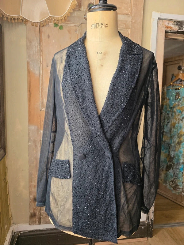 Nicole Farhi Vintage Beaded Sheer Blazer Black UK 12-14