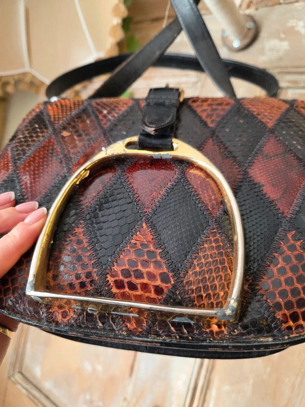 Vintage 1960s Genuine leather Patchwork Bag Stirrup Buckle