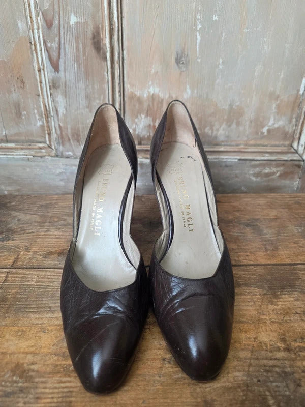 Vintage Bruno Magli Dark Brown Leather Court Shoes – Made in Italy – UK 4.5 – Classic Designer Heels