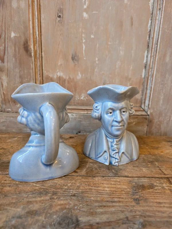 Vintage Ceramic Gentleman Bust Jugs Pair Blue