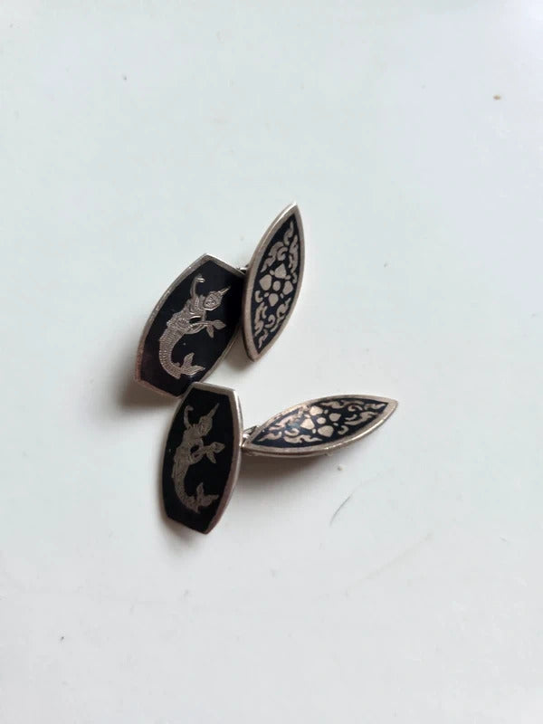 1930s Vintage Siam Silver Niello Cufflinks with Mythical Figure