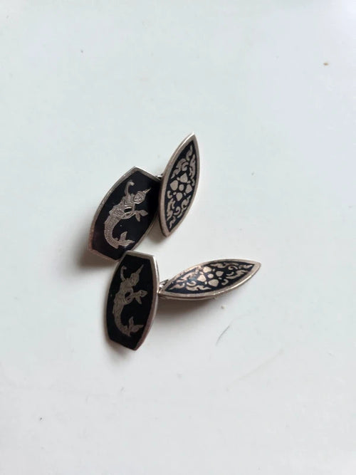 1930s Vintage Siam Silver Niello Cufflinks with Mythical Figure
