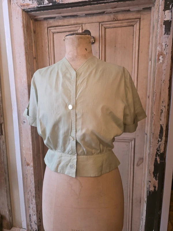 Vintage 1950s Pale Green Fitted Blouse – Charles Hire Worthing, Button Front, Cinched Waist