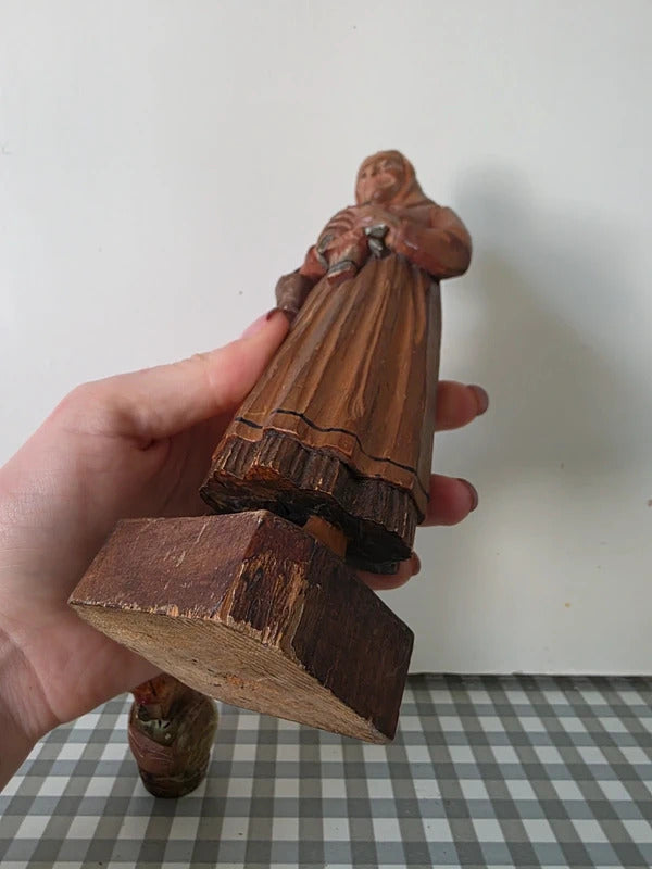 Vintage Hand Carved Folk Art Wooden Figures – Peasant Woman & Novelty Head
