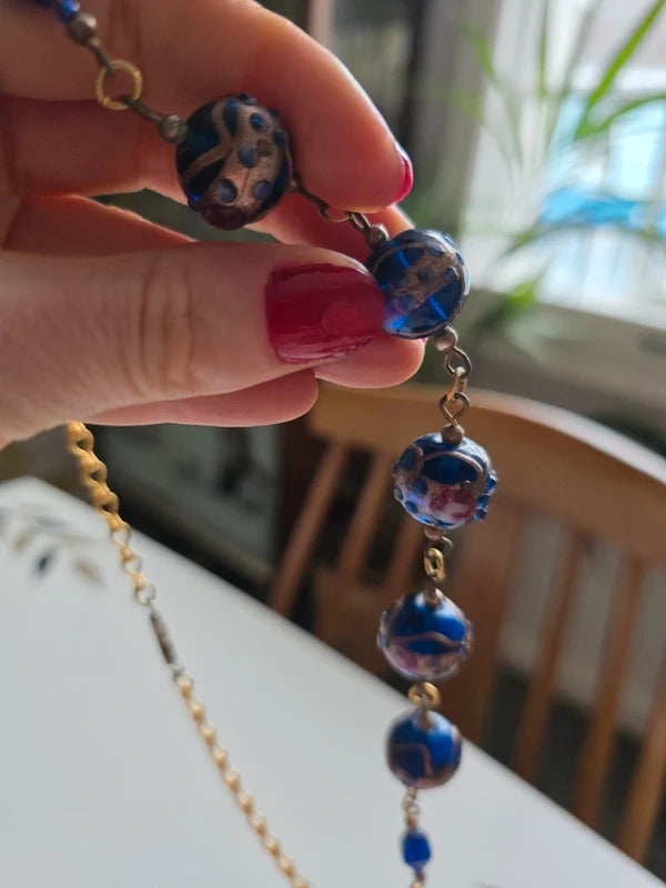 Vintage Lampwork Glass Necklace – Wedding Cake Beads Blue & Gold