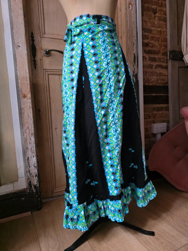 Vintage 1970s Cotton Wrap Maxi Skirt | Psychedelic Paisley Boho Festival | Adjustable Waist uk6-12