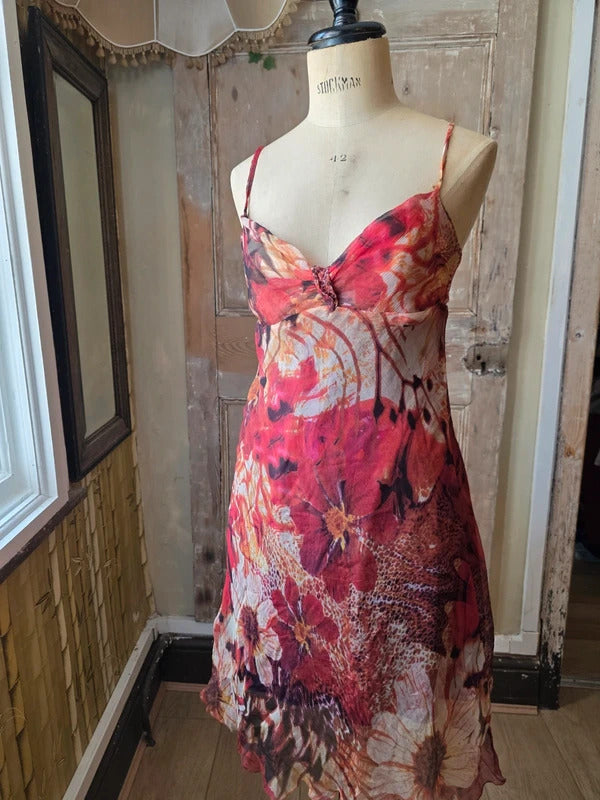 Vintage Y2K fairycore Sandro Ferrone Silk Slip Dress | Red Floral Bias Cut | Made in Italy | Boho Midi | UK 10