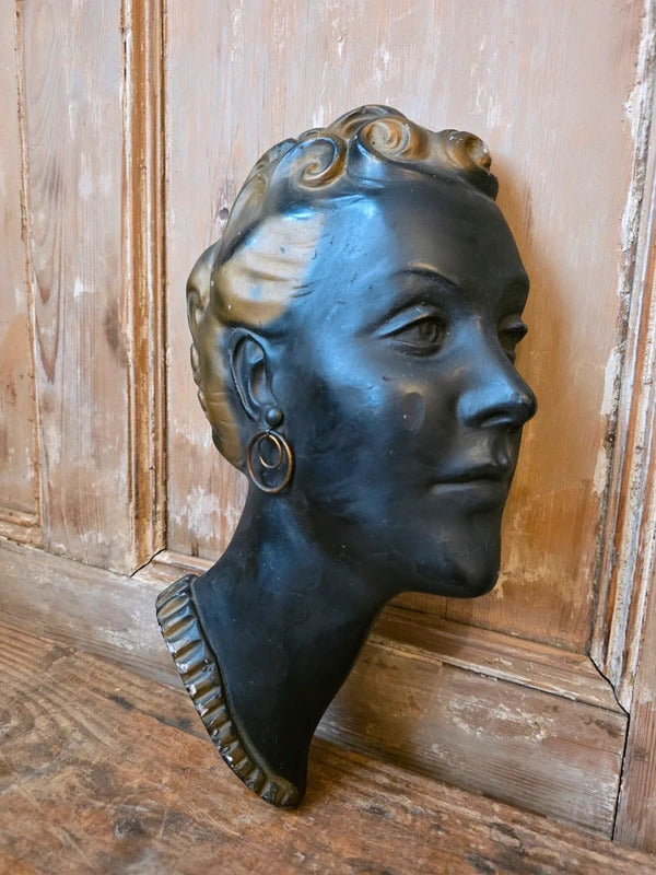 Vintage Art Deco Style Chalkware Female Bust – 1930s/40s Wall Mask