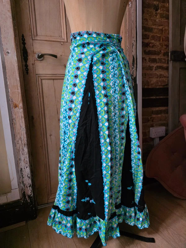 Vintage 1970s Cotton Wrap Maxi Skirt | Psychedelic Paisley Boho Festival | Adjustable Waist uk6-12