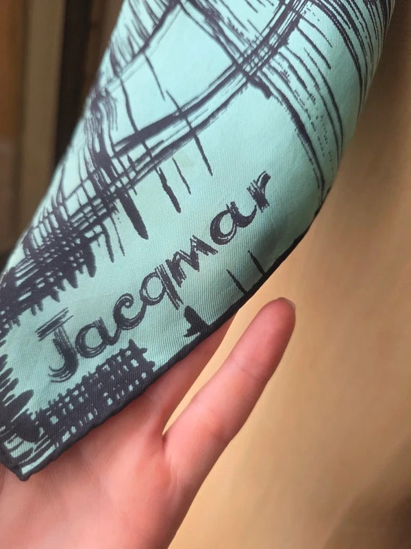 Vintage Silk Jacqmar Blue Scarf - Turquoise Crosshatch Print